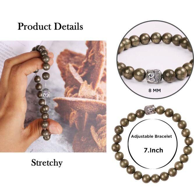 Unisex Pyrite elastic bracelet with lucky charm, featuring 8mm stone beads and an adjustable 7-inch stretch design. Ideal for casual wear.