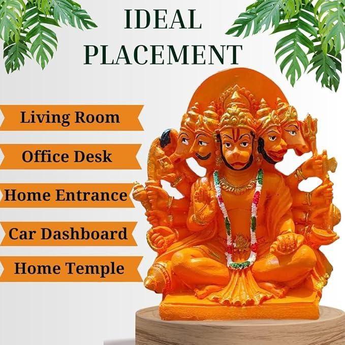 Panchmukhi Hanuman statue displayed with suggested placements like living room, office desk, home entrance, car dashboard, and home temple.