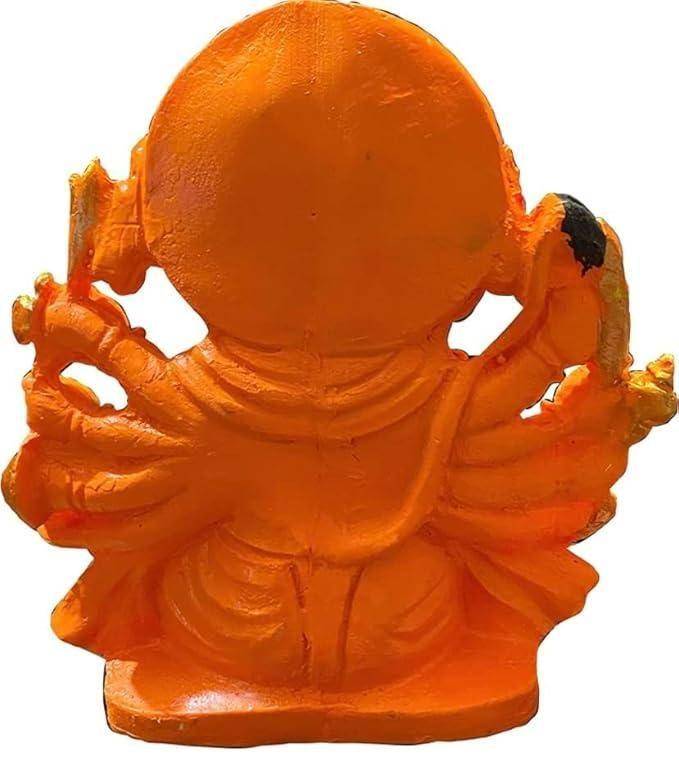 Rear view of the Panchmukhi Hanuman statue highlighting its intricate design and vibrant orange color for spiritual decor.