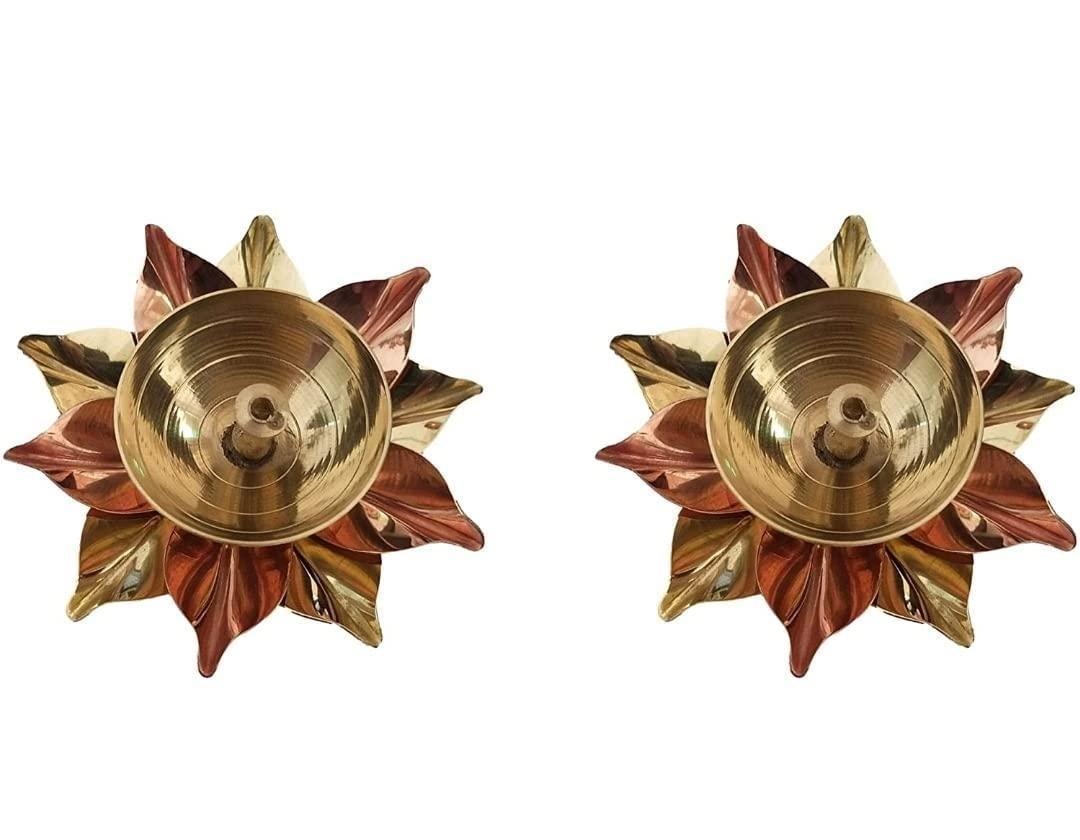 eCraftIndia Set of 2 Floral Metal Diyas for Pooja and Home Décor