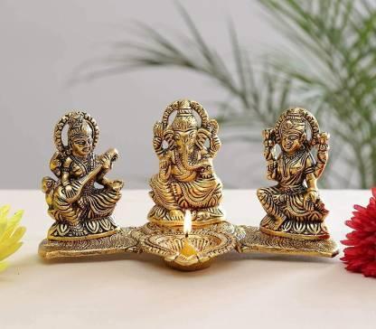 Gold Plated Lakshmi Ganesh Saraswati Idol with Deepak – Pooja Room Decor & Gift