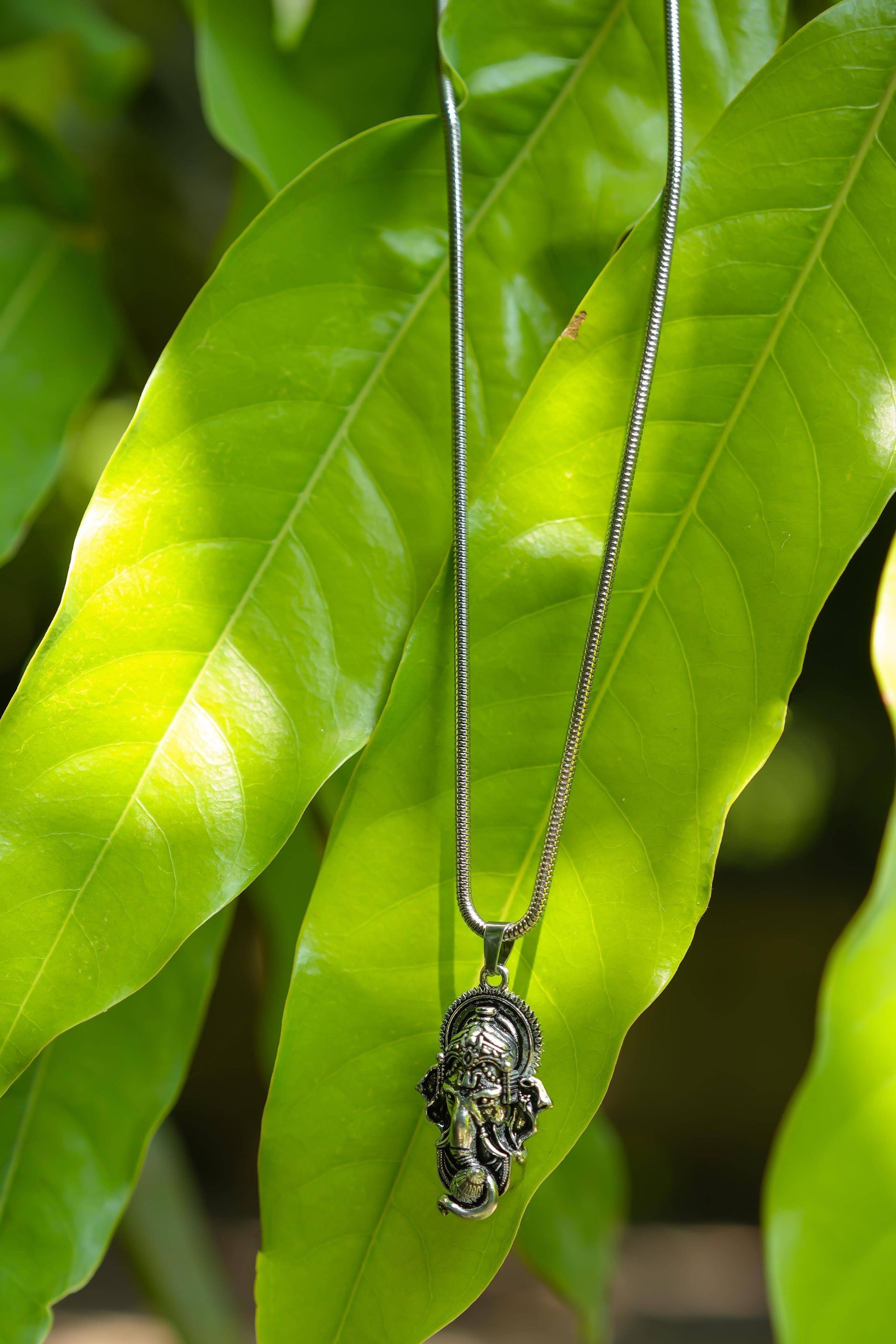 Silver Ganesha Pendant with Snake Chain – Spiritual Jewelry for Men