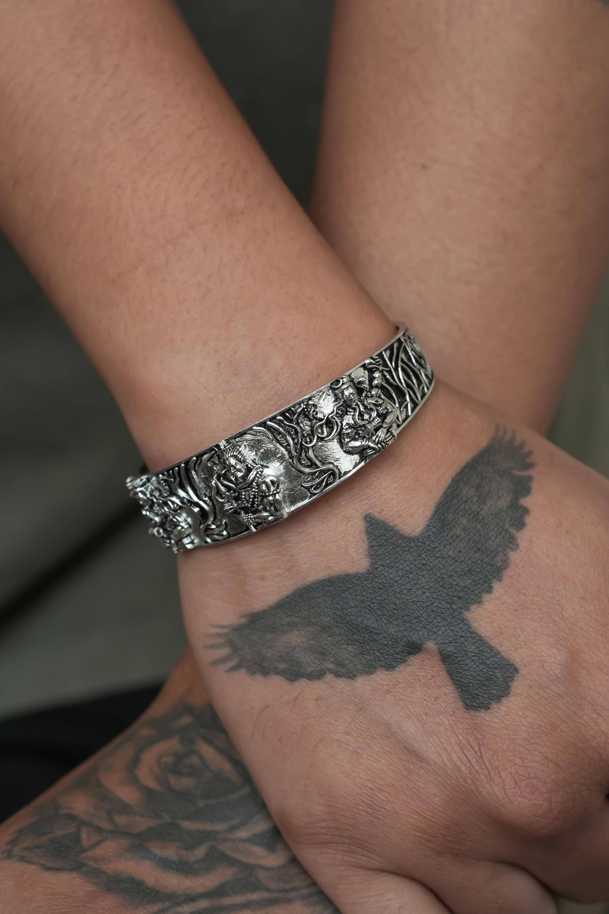 Men's Oxidised Silver Mahakal Bracelet - Lord Shiva Inspired Spiritual Wristwear