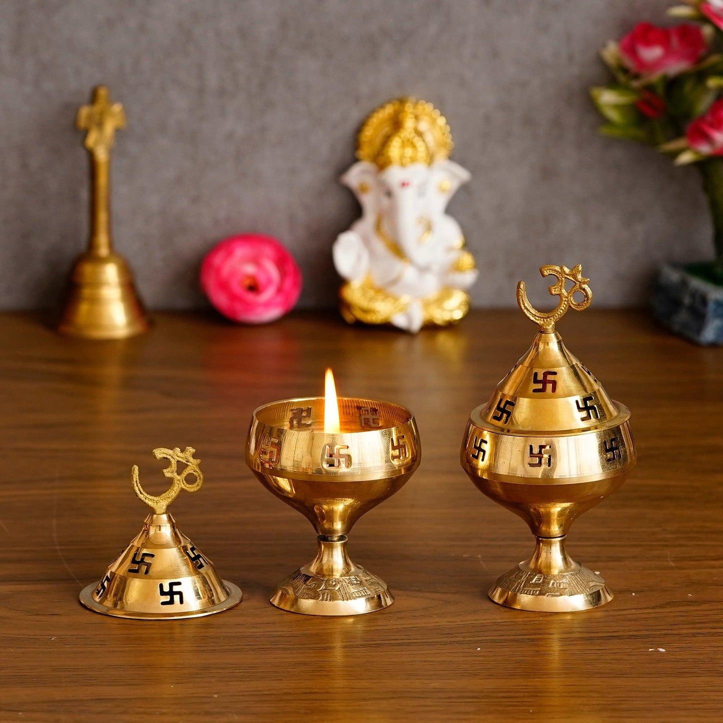 Swastik Brass Diya – Decorative Diwali & Festival Lamp Set