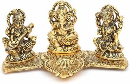 Gold Plated Lakshmi Ganesh Saraswati Idol with Deepak – Pooja Room Decor & Gift