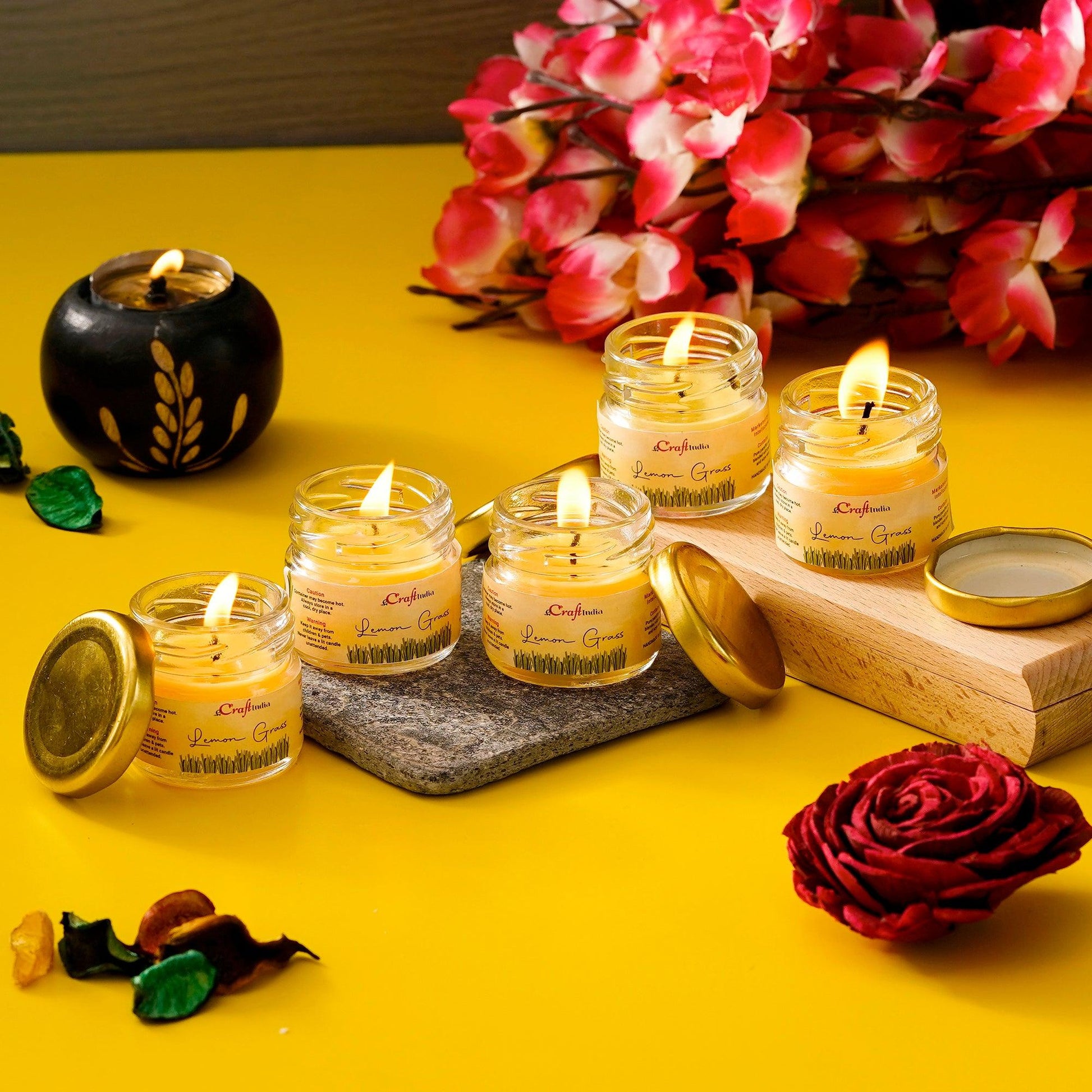 Set of 5 Lemongrass Scented Mini Jar Candles for Stress Relief, Relaxation, and Home Décor