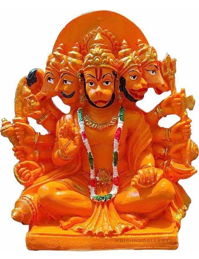 Bright orange Panchmukhi Hanuman statue with intricate detailing, seated in a meditative pose, ideal for pooja and spiritual decor.