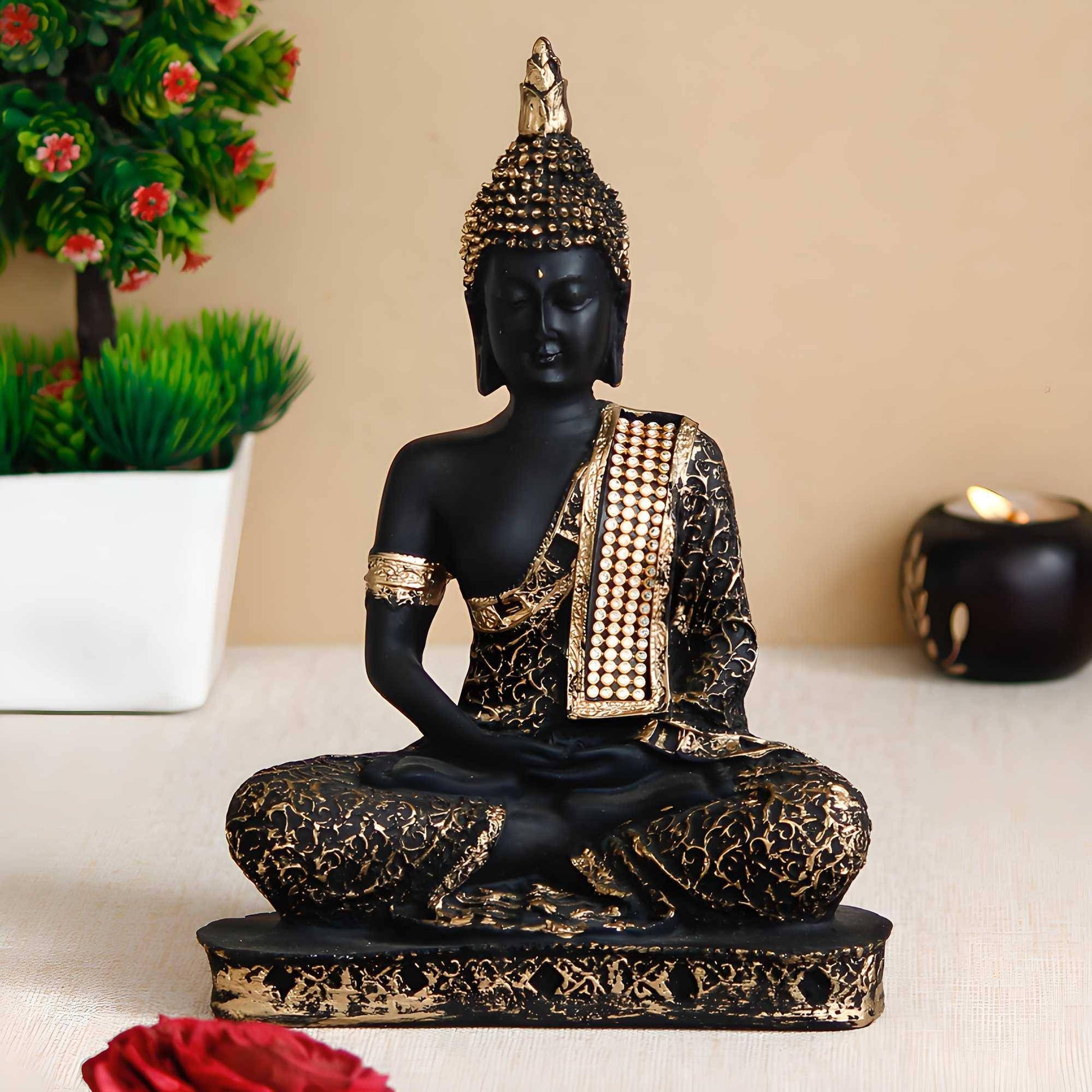 eCraftIndia Black and Golden Meditating Lord Buddha statue handcrafted with intricate detailing, perfect for home décor and positivity.