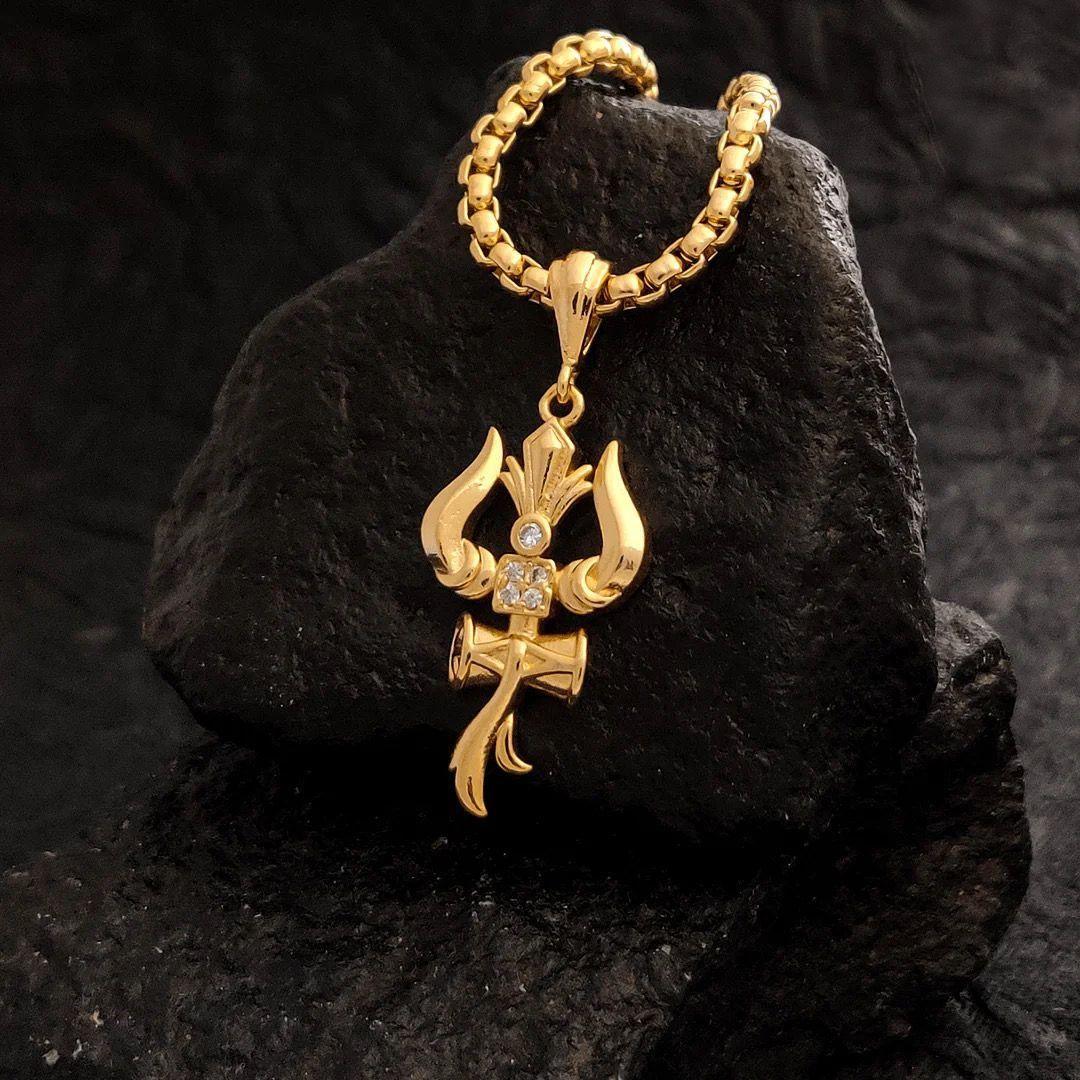 Gold-Plated Trishul Pendant with Chain – Hindu Spiritual Necklace for Men