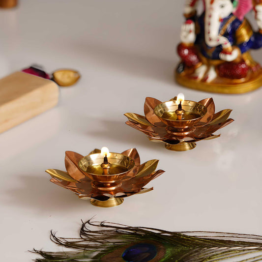 eCraftIndia Set of 2 Floral Metal Diyas for Pooja and Home Décor