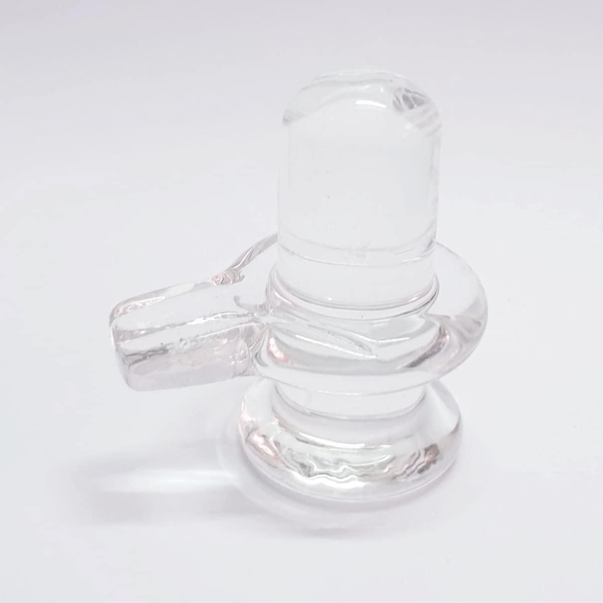 Close-up of Sphatik Shivling, 4-inch crystal pooja showpiece with a clear white finish on a plain white background.