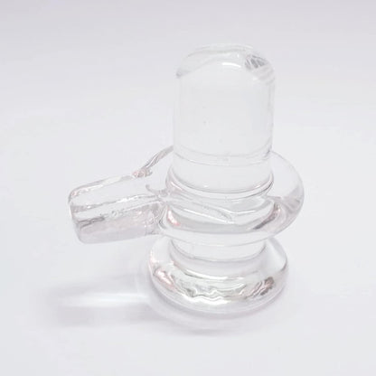 Close-up of Sphatik Shivling, 4-inch crystal pooja showpiece with a clear white finish on a plain white background.