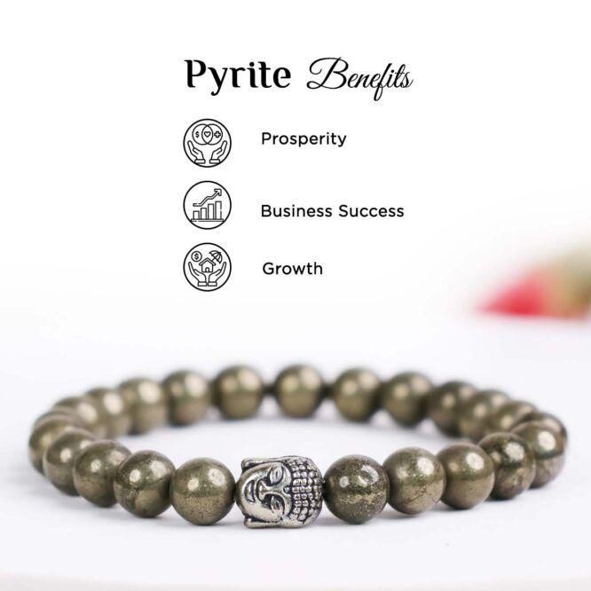 Unisex Pyrite elastic bracelet with a lucky charm, featuring metallic stone beads and a Buddha charm. Known for prosperity, business success, and growth benefits.