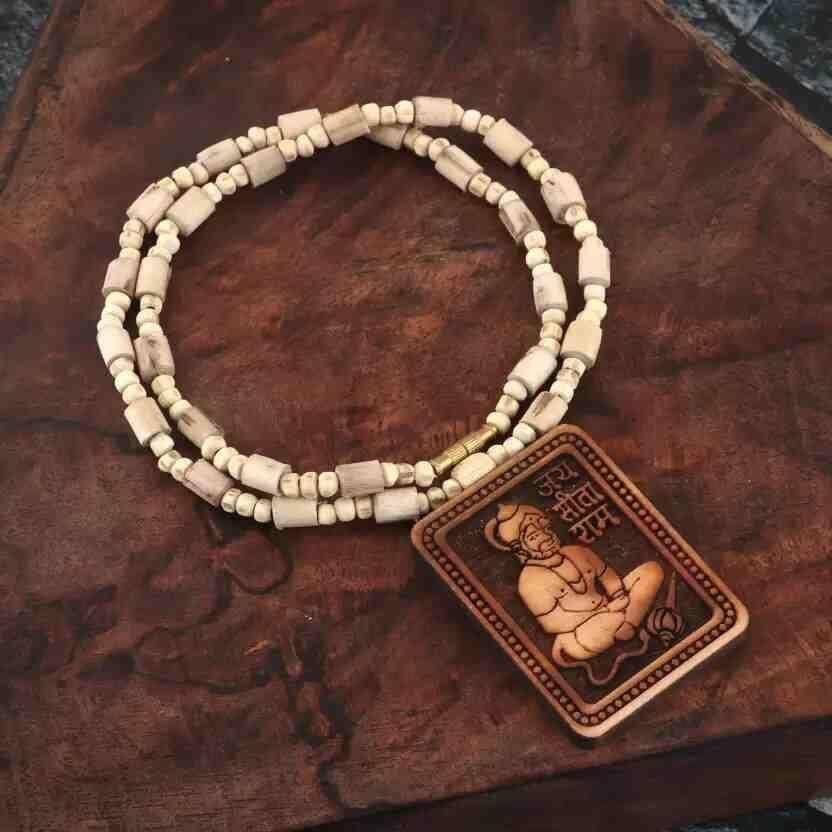 Tulsi Kanthi Mala with Hanuman Pendant – Wooden Spiritual Necklace for Men