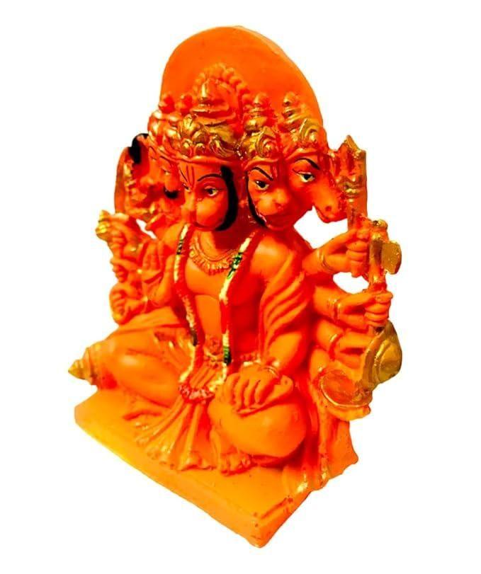 Side view of the Panchmukhi Hanuman statue showcasing its detailed craftsmanship and vibrant orange finish for pooja rituals.